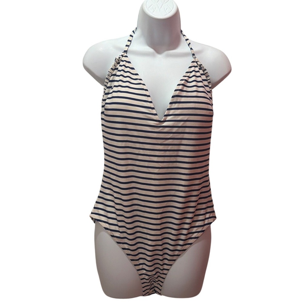 NWT J.Crew Striped One-Piece Swimsuit Womens Navy White Ruffle Halter Size 14